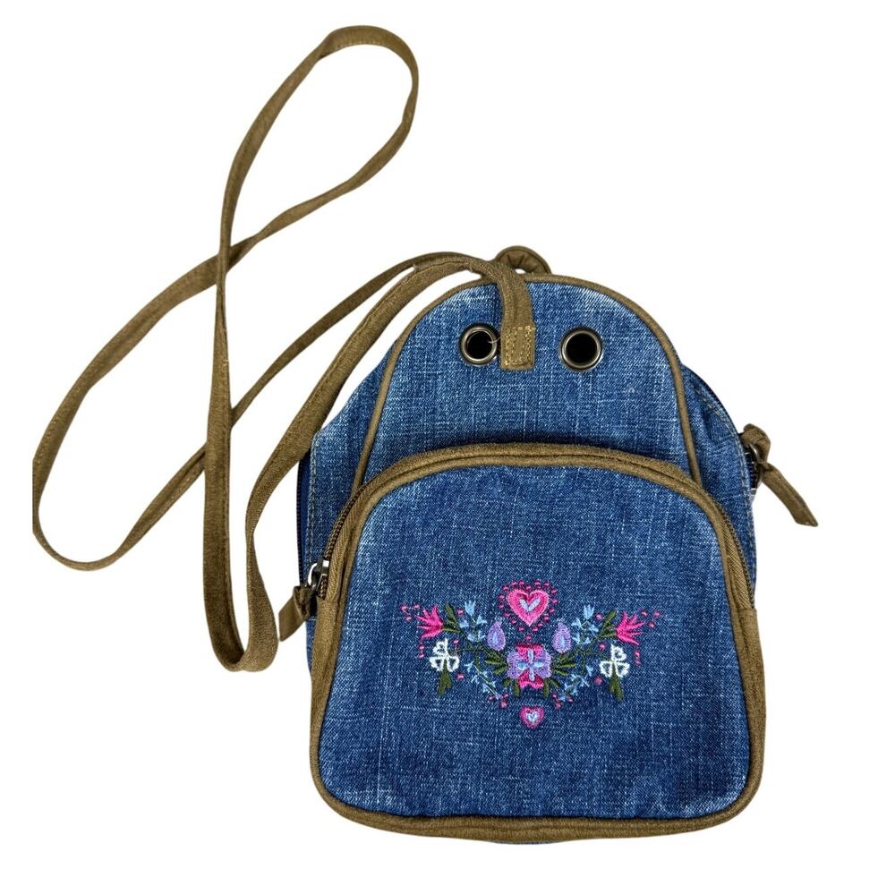 Y2K Youth Girls Denim Floral Embroidered Mini Crossbody Bag - Picture 1 of 8